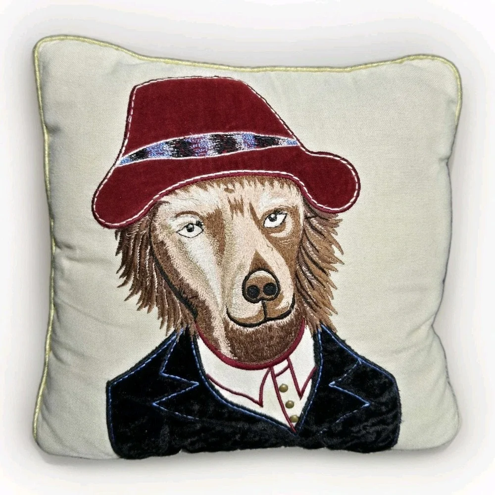 Pier 1 Embroidered Throw Pillow‎ Dog In Suit Hat 13